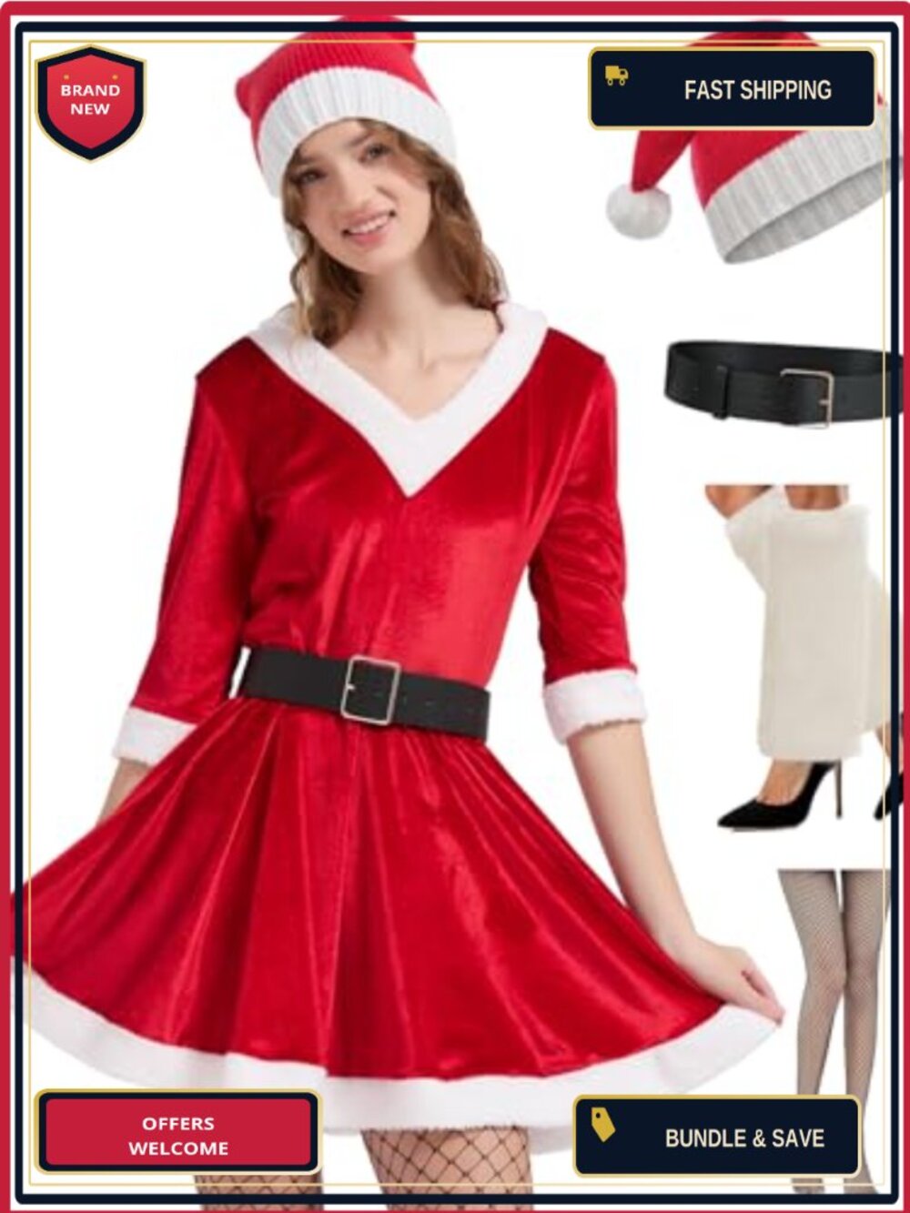 Mrs Claus Velvet Christmas Costume Dress Set with Hat Belt Stockings Leg Warmers